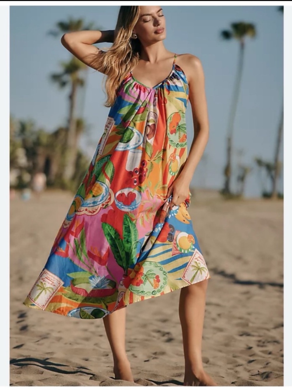 NWT Farm Rio Summer Picnic Beach Tropical Sleeveless Midi Dress w/ Belt, M